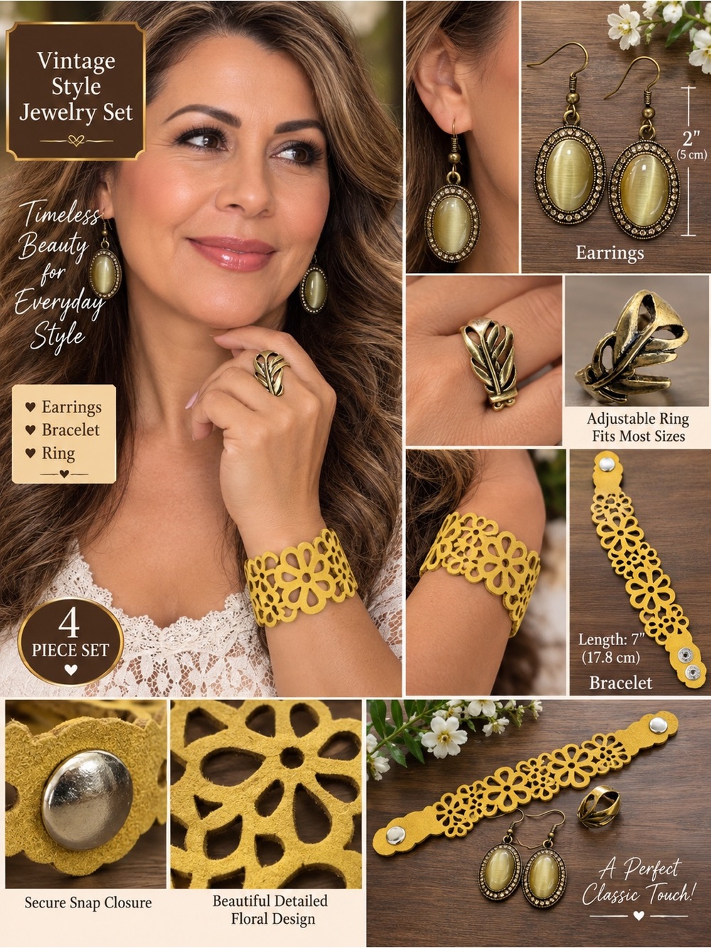 Vintage Style Yellow Floral Bracelet & Earrings Set with Ring